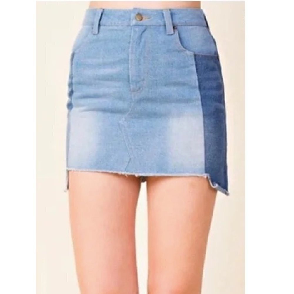 Wild Honey Blue Two Tone Color Block Step Hem Denim Mini Skirt Size M - Picture 2 of 8